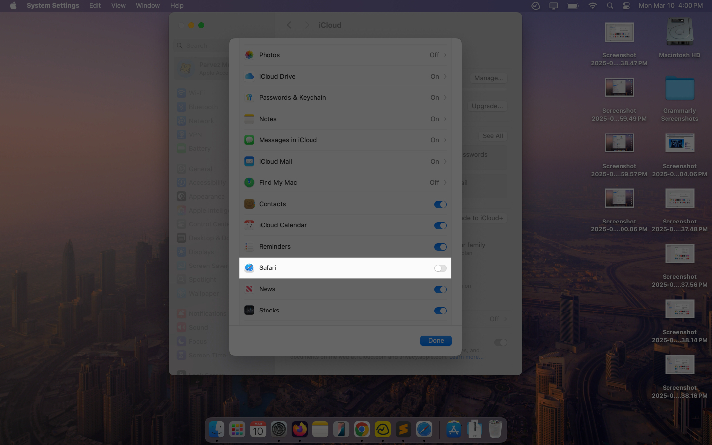 Disabling sync for Safari on a Mac