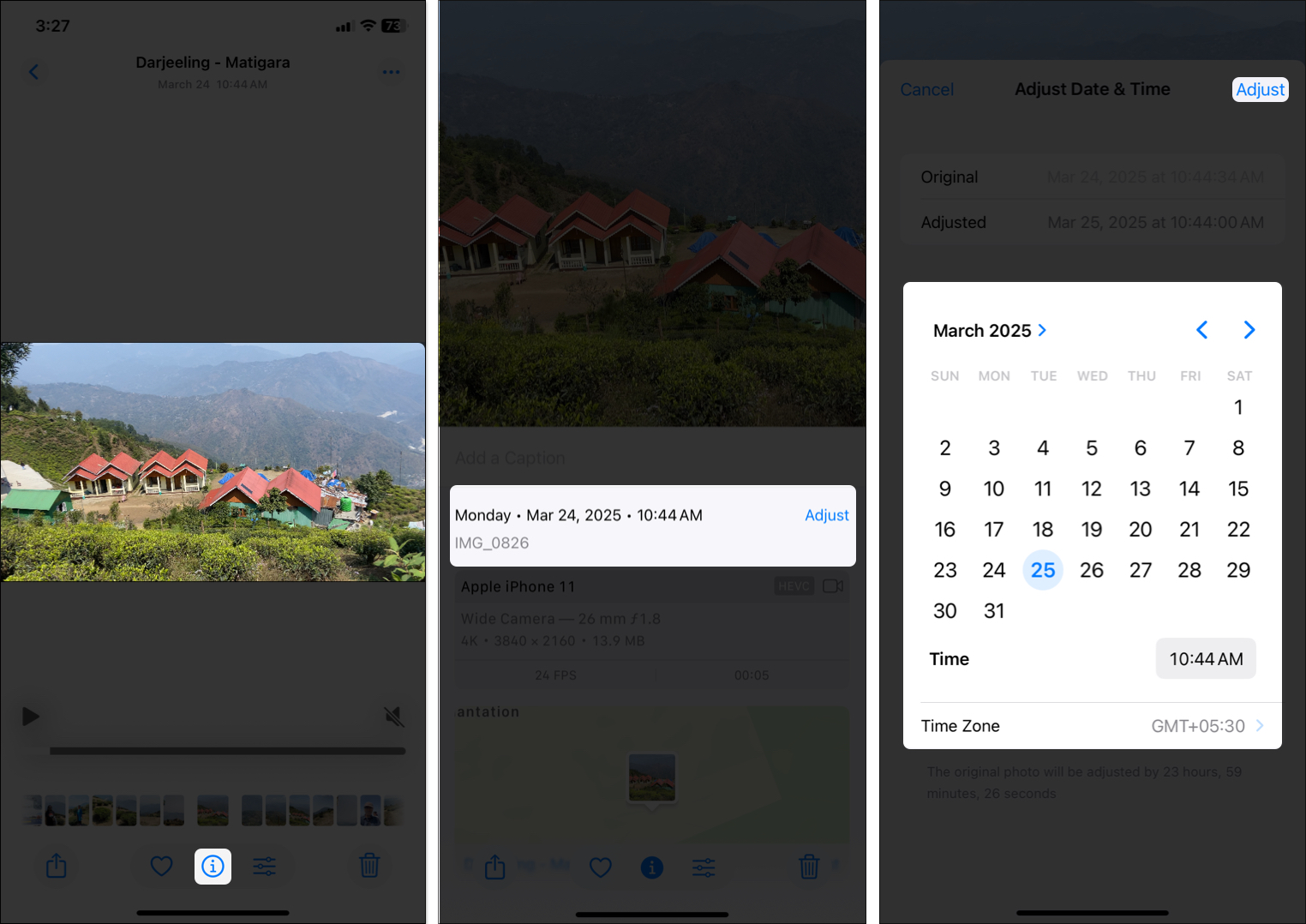 change date and time for the single photo or video on the iPhone