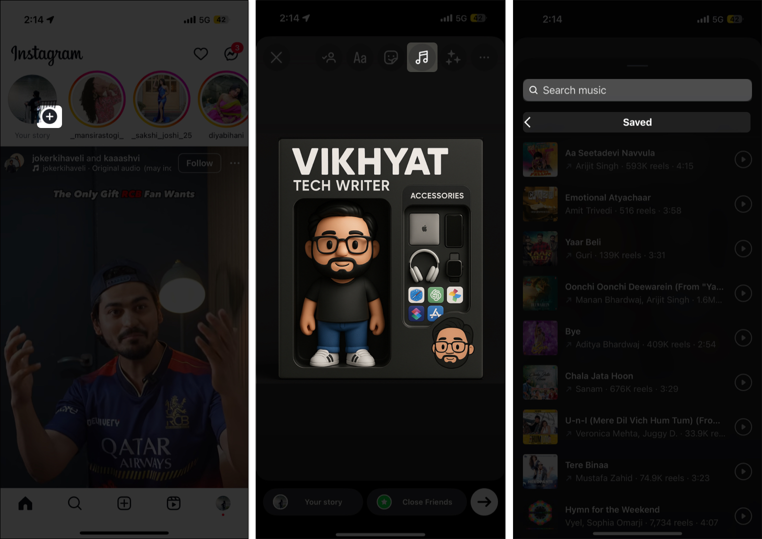 Adding music to Instagram story on an iPhone by searching for it in the search bar or saved music