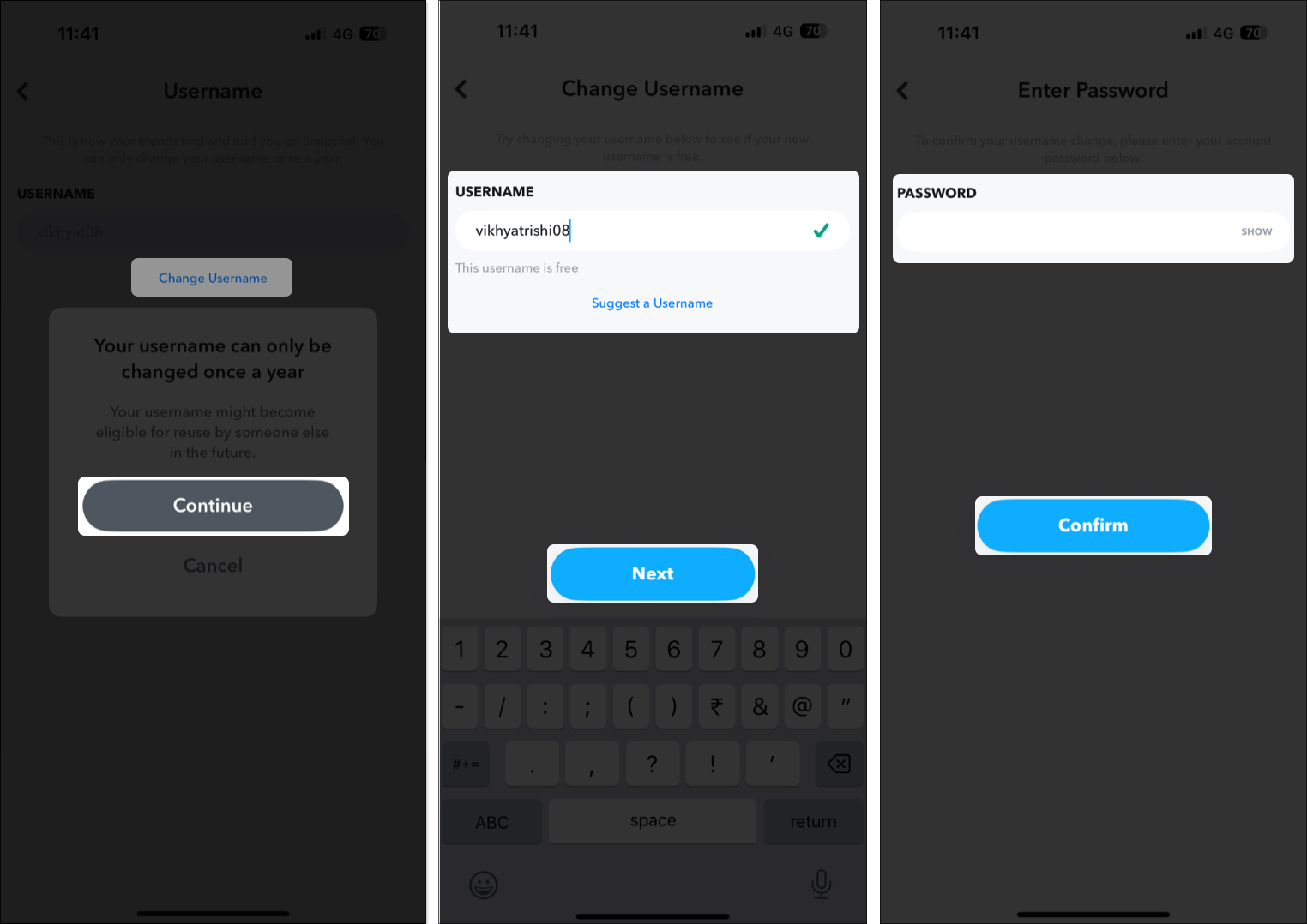 add new snapchat username from snapchat settings