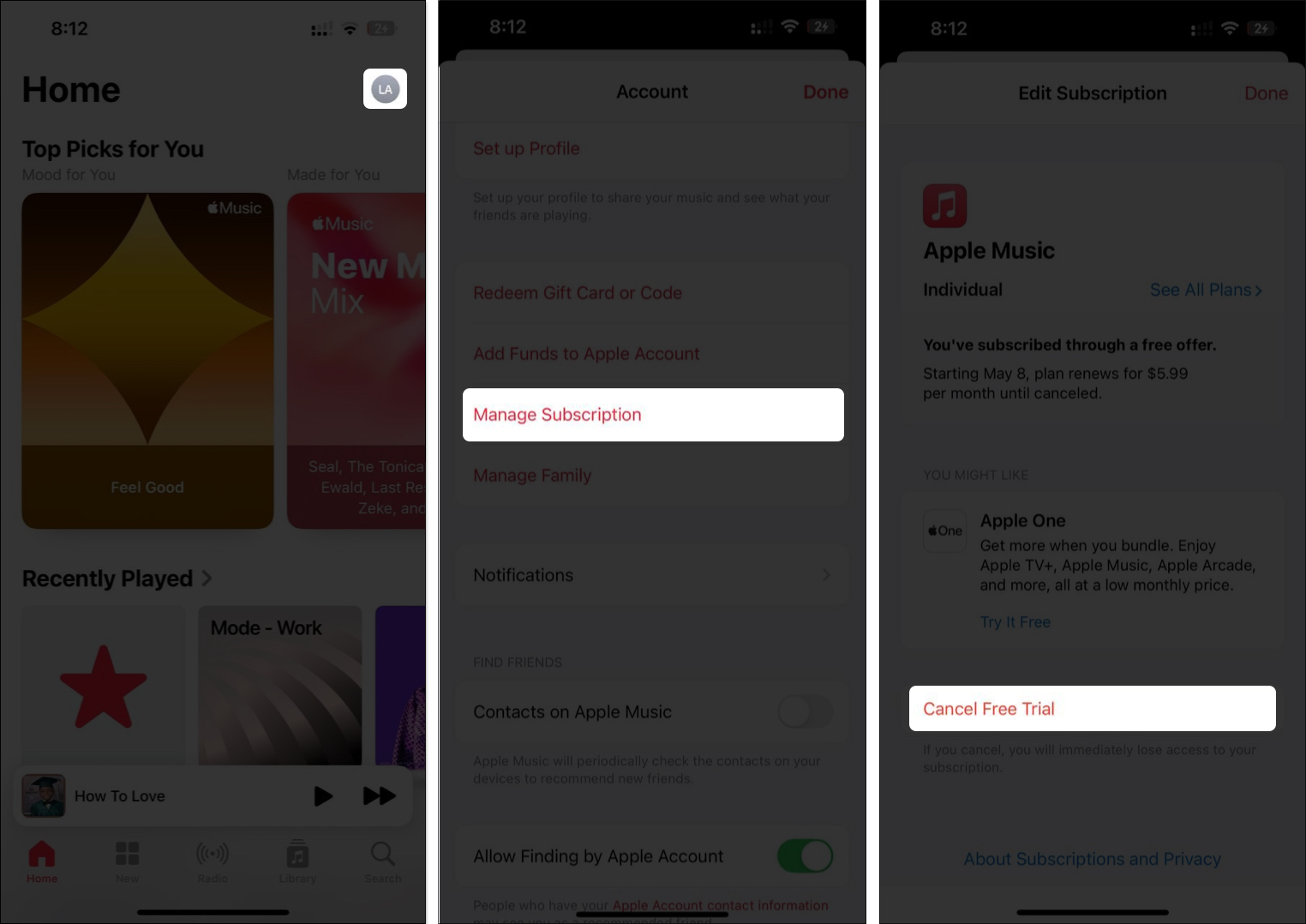 Canceling an Apple Music subscription from the Apple Music app on an iPhone