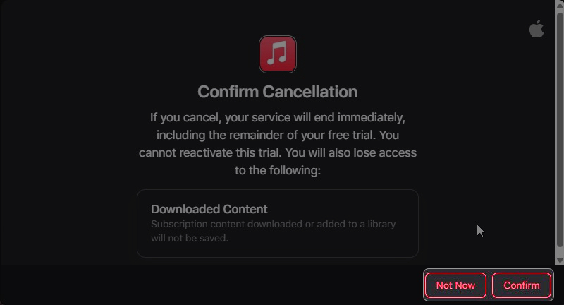 Canceling an Apple Music subscription on Apple Music's website.