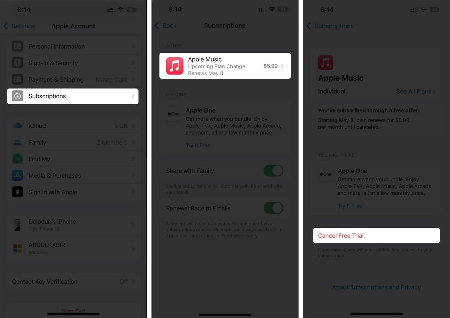 Canceling an Apple Music subscription from the Settings app on an iPhone