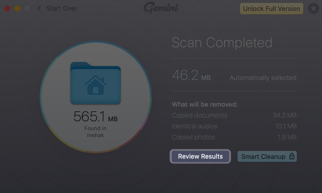 Click on review results to view all duplicate files on Mac