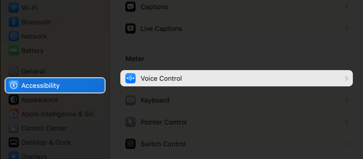 Klicka på Voice Control -alternativet i Inställningar på MAC