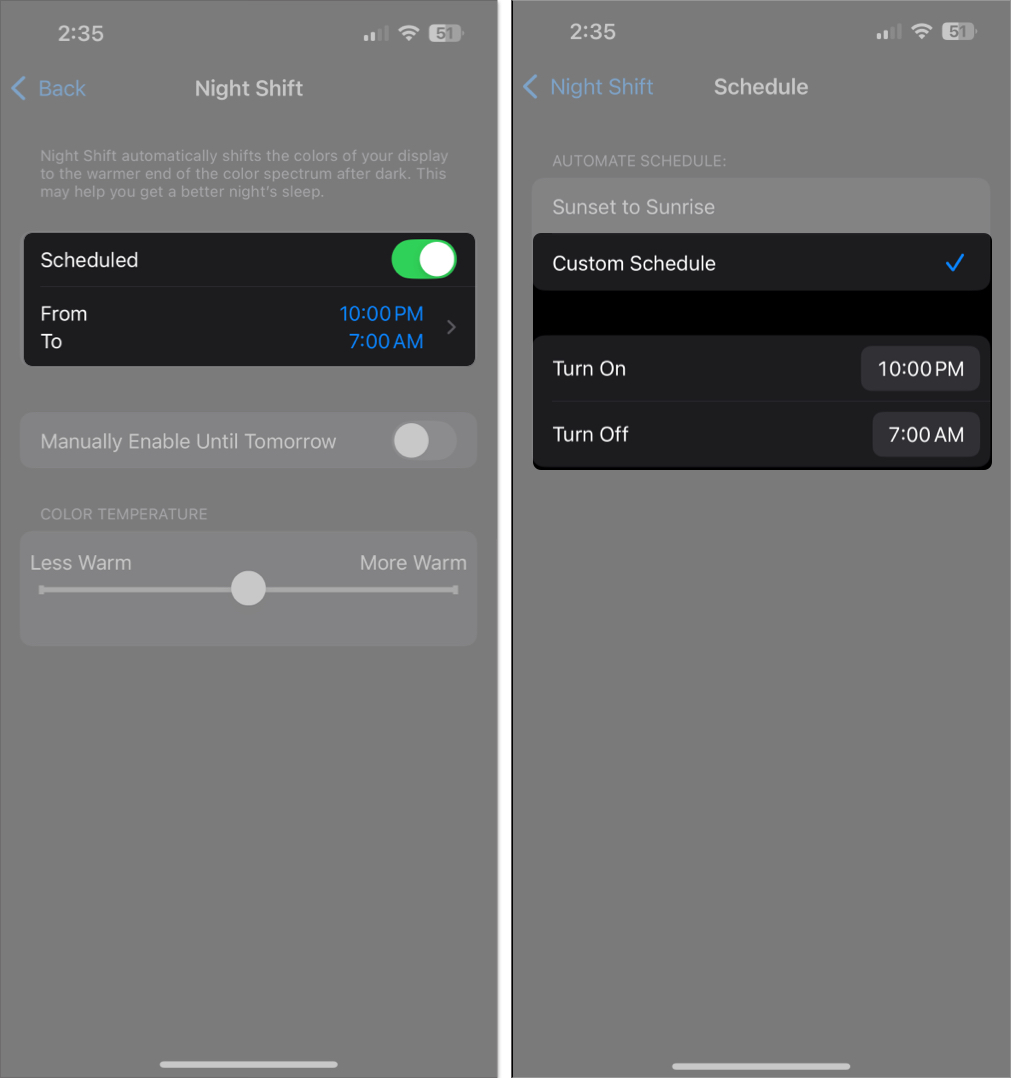 İPhone'da Özel Çizelge Gece Değiştirme Modu