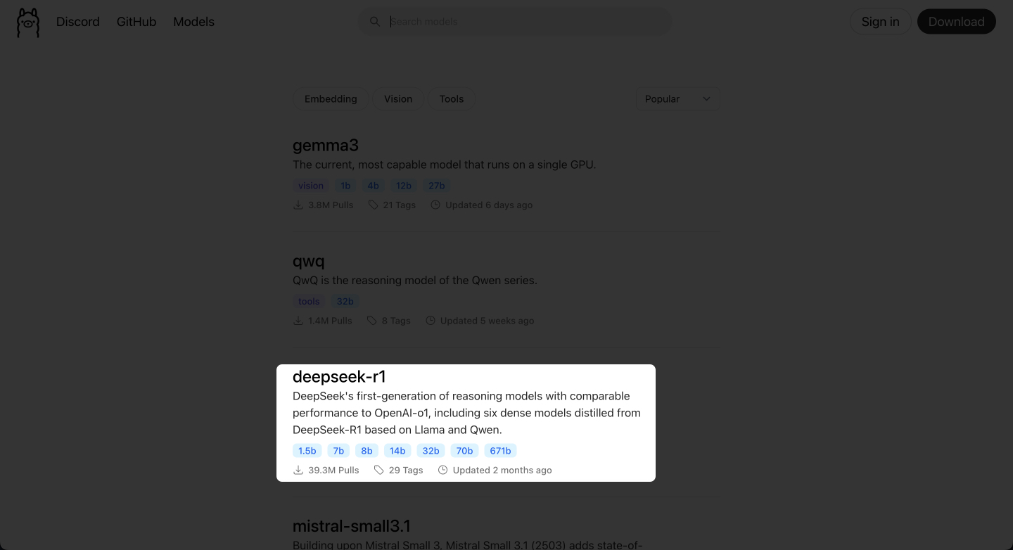 Ollama Search page with a list of all the compatible LLMs