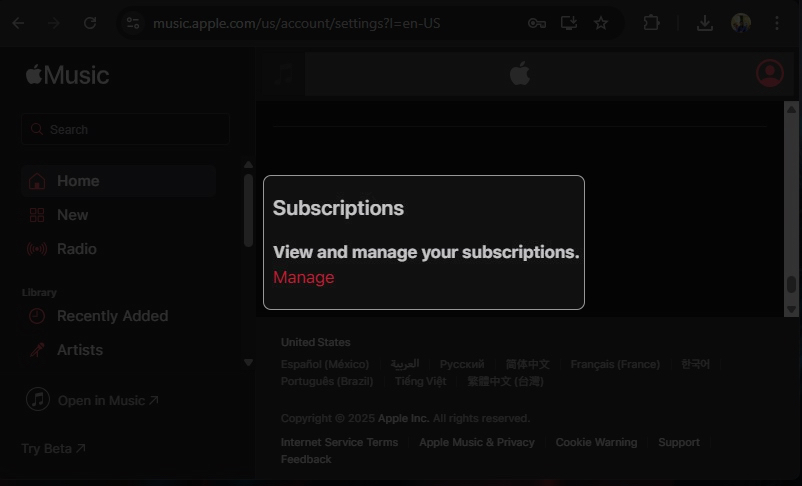 Choosing the Manage option on Apple Music's website to manage subscriptions.