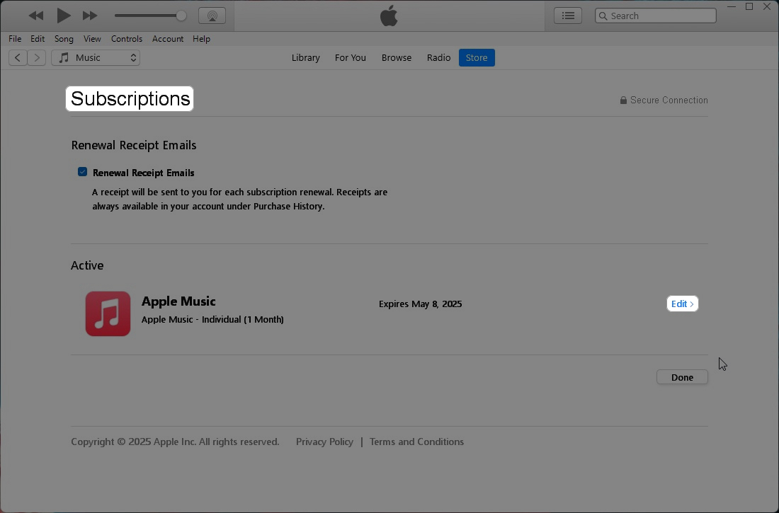 Edit button on the Subscriptions page in iTunes