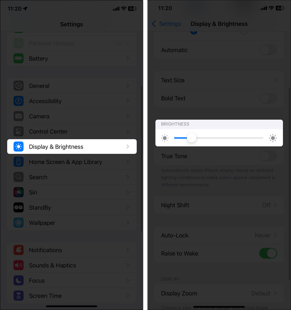 Manage brightness manually from iPhone settings