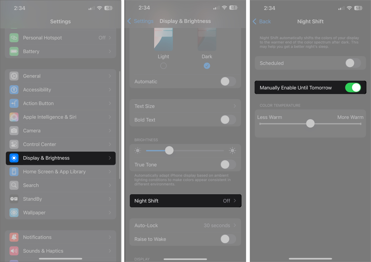 İPhone'da gece vardiya modunu manuel olarak açıyor