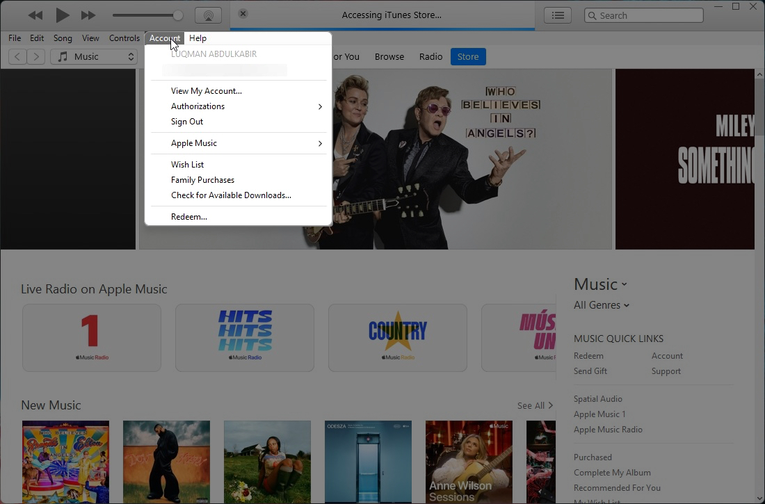 Accessing Account settings in the iTunes app on a Mac