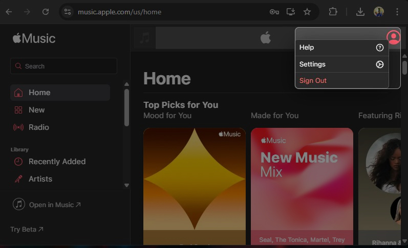 Accessing the Settings on Apple Music's website.