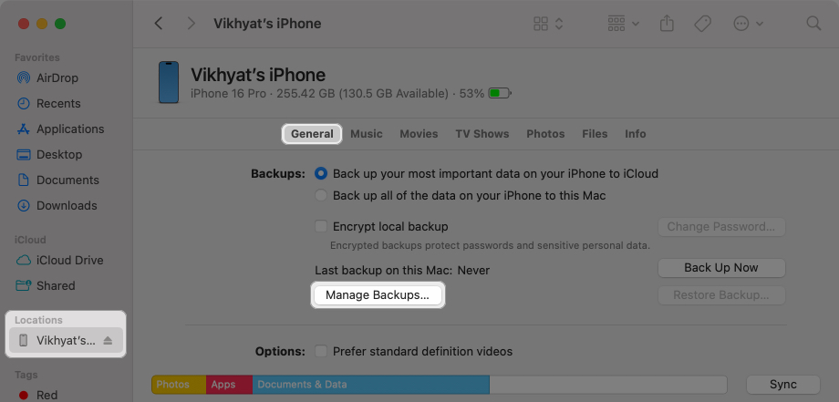 Accessing iPhone backups in the Finder app on a Mac