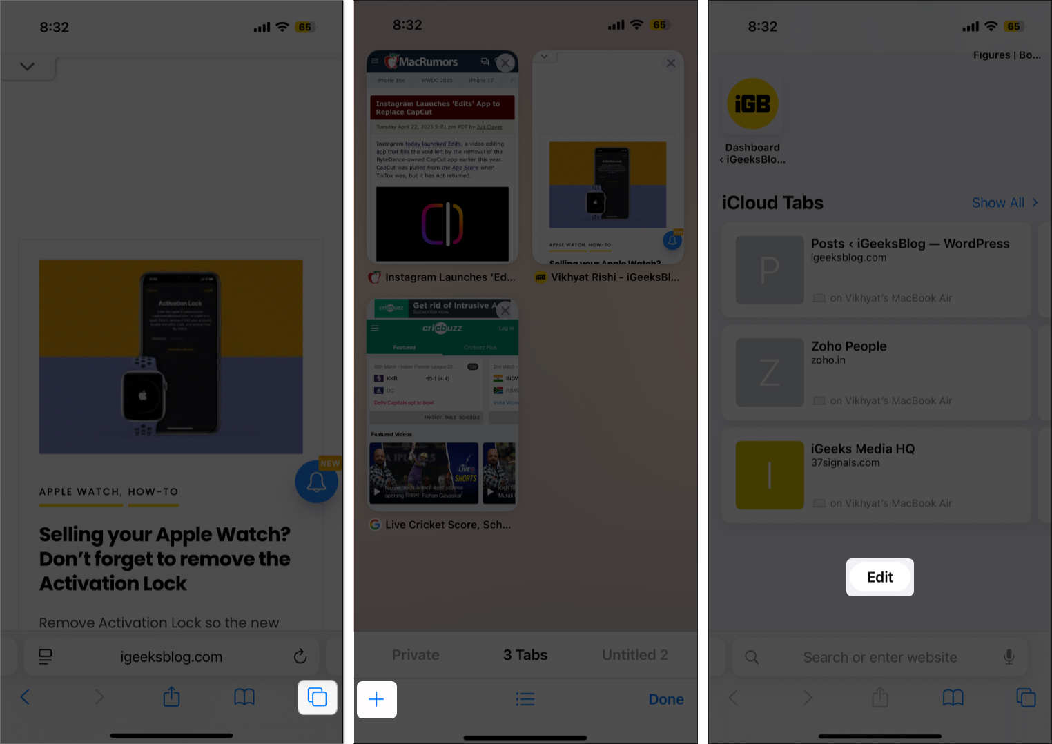 Bir iPhone'daki Safari sekmesindeki Düzenle düğmesine erişme