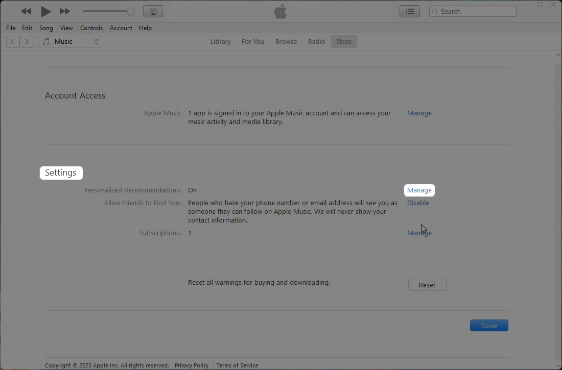 Accessing the Manage option in iTunes account settings