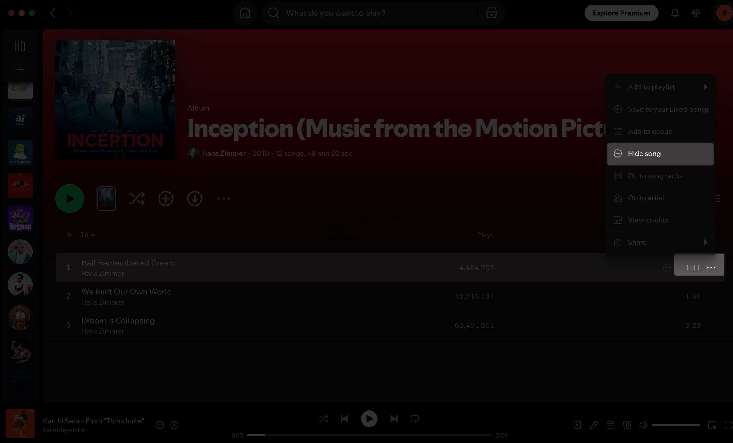 Mac'te bir Spotify çalma listesinde bir şarkıyı gizlemek