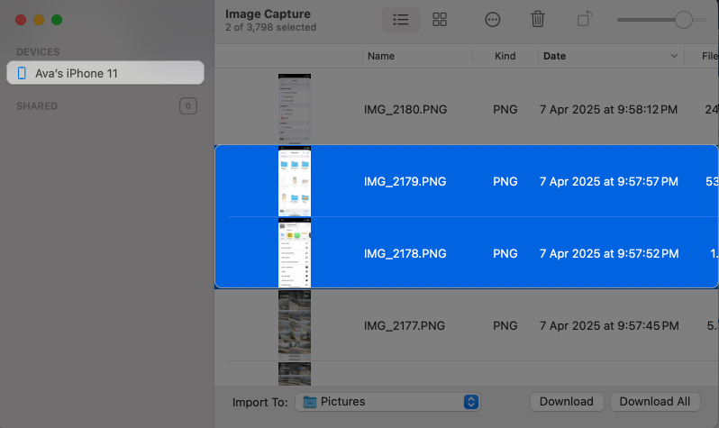 Selecting media in the Image Capture app on a Mac to transfer to connected drive