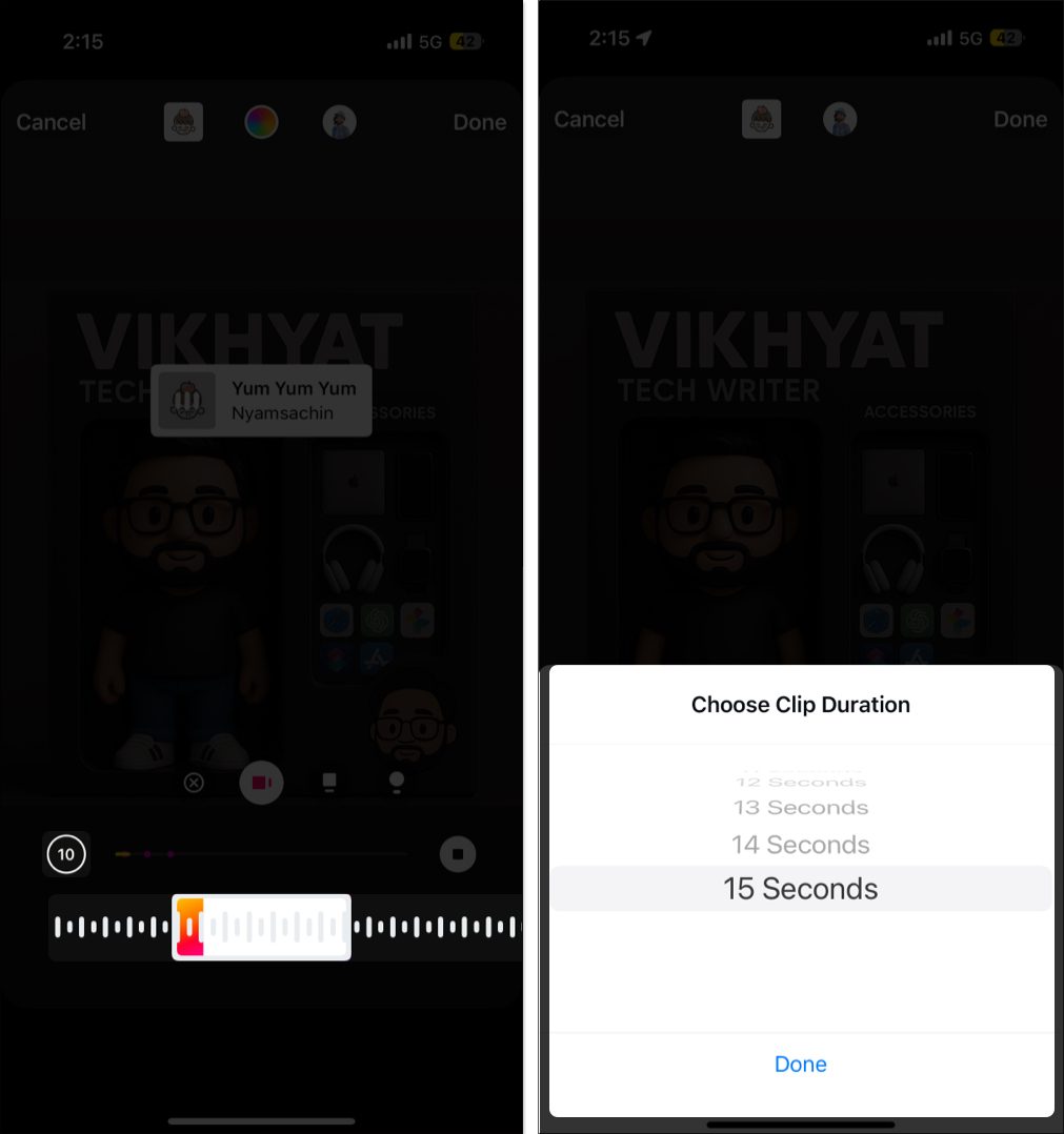 Selecting track and setting timer for an Instagram story