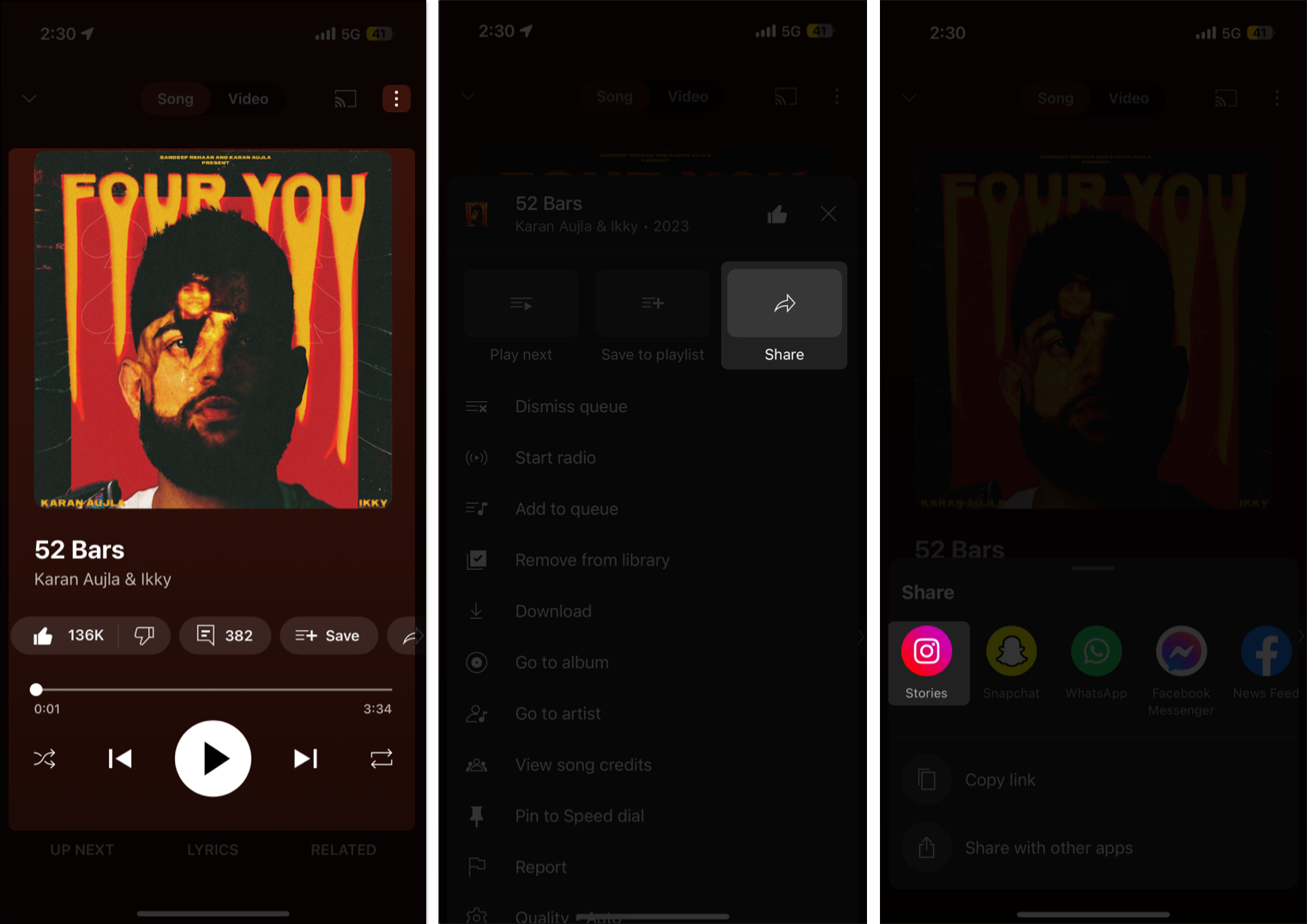 Selecting a track on YouTube Music and sharing it on Instagram story