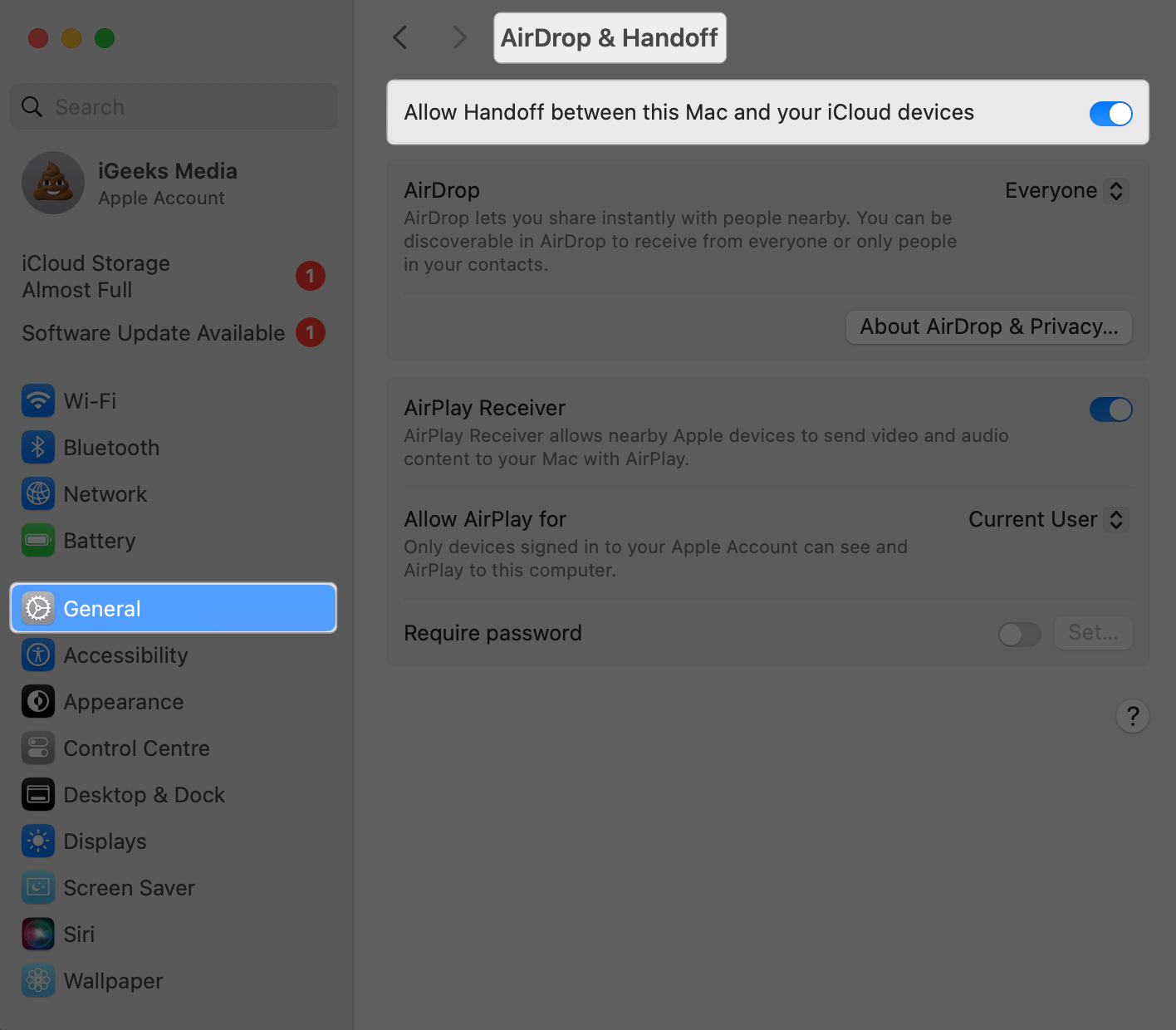 Toggle on the Handoff feature in the System Settings on a Mac