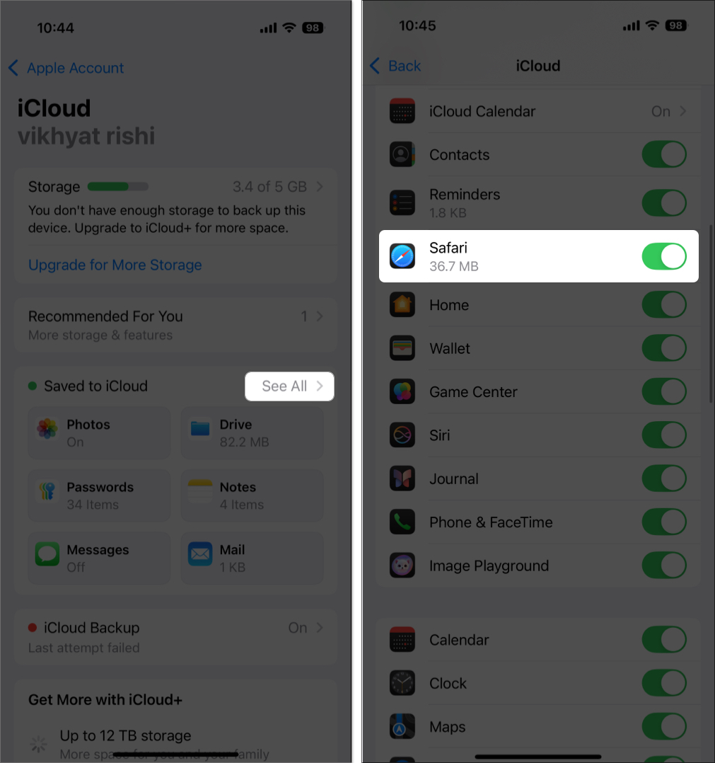 Bir iPhone'da Safari için iCloud Senkronizasyonunu Etkinleştirme
