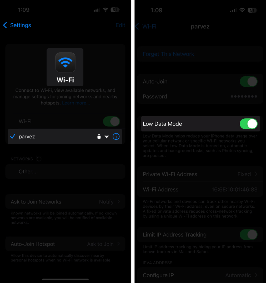 Turning on Low Data Mode for Wi Fi connection on an iPhone