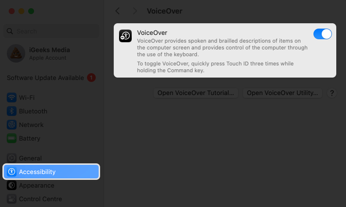 Slå på voiceover från systeminställningar på MAC