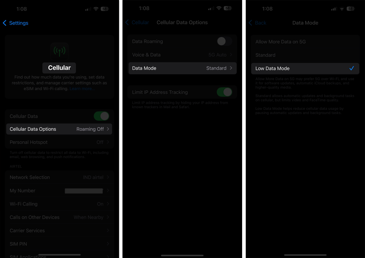 Turning on Low Data Mode for cellular connection on an iPhone