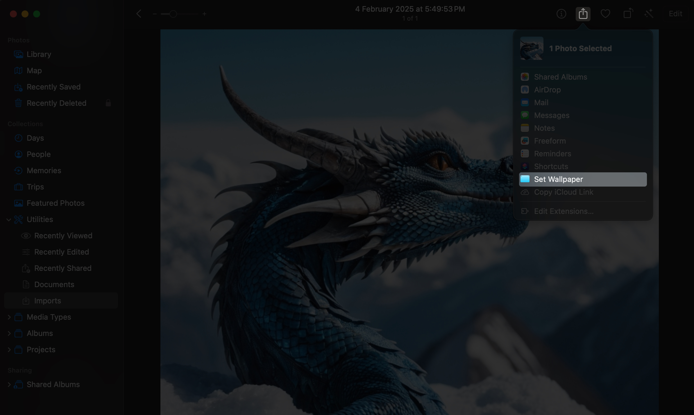 Setting a photo as a Mac wallpaper within the Photos app