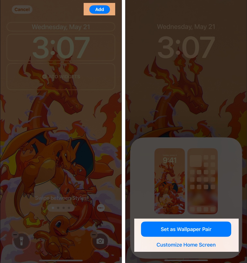 Justera iPhone -tapet med Pinch för att zooma Tap Lägg till för att ställa in som tapetpar eller anpassa hemskärmen
