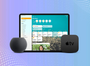 Apple Home app on an iPad alongside Apple TV and HomePod mini.