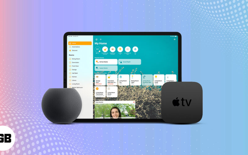 Apple Home app on an iPad alongside Apple TV and HomePod mini