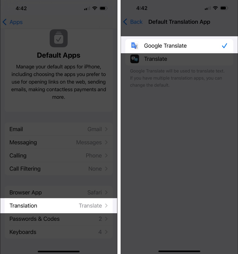 Tap Translation in Default Apps settings and choose Google Translate as default