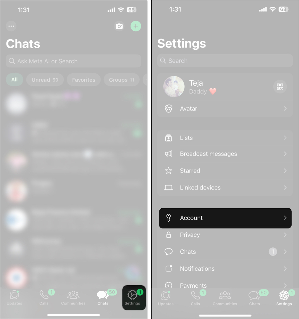Åtkomst till kontoinställningar i WhatsApp -appen på en iPhone