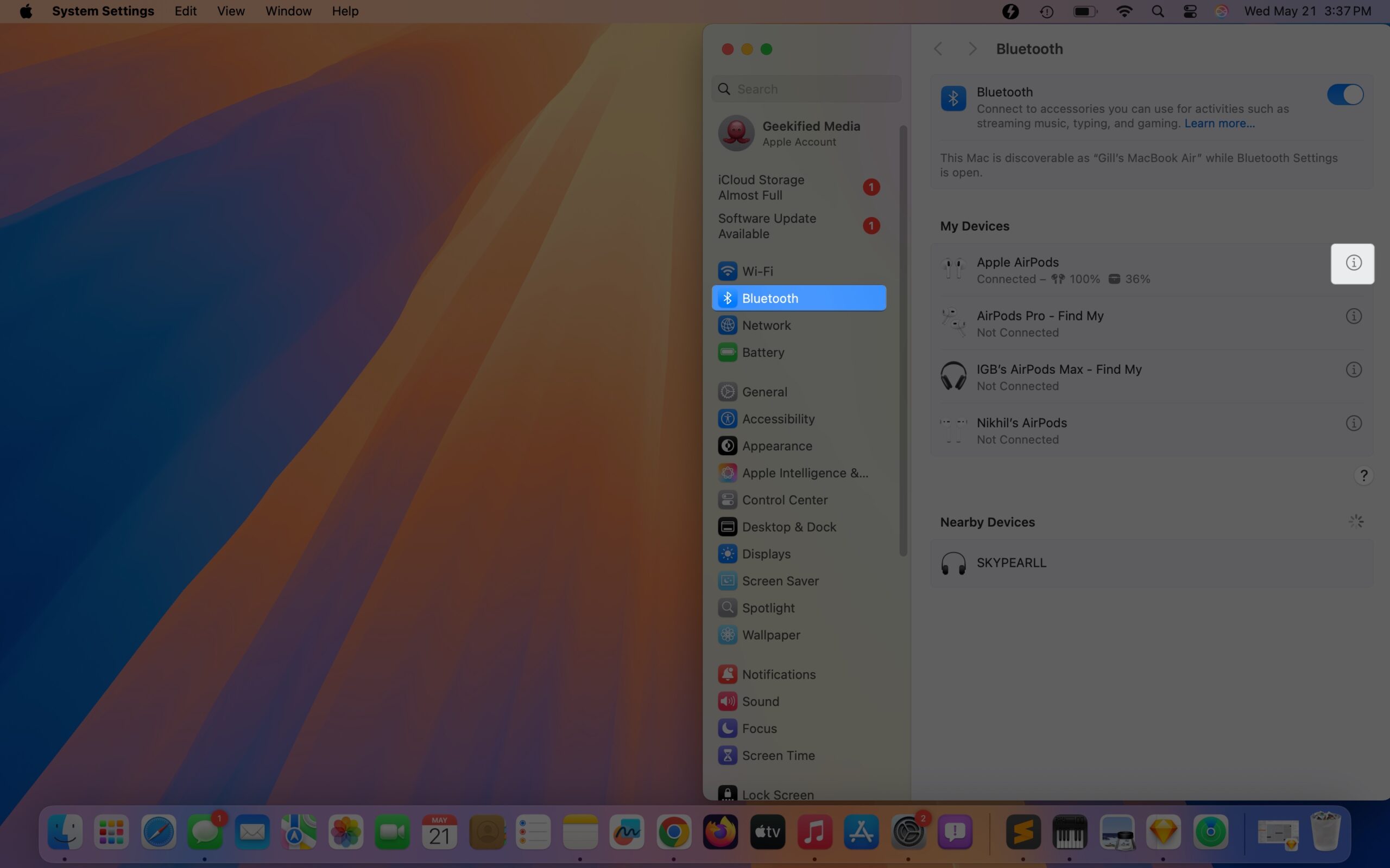 Accessing Bluetooth settings in macOS System Settings app