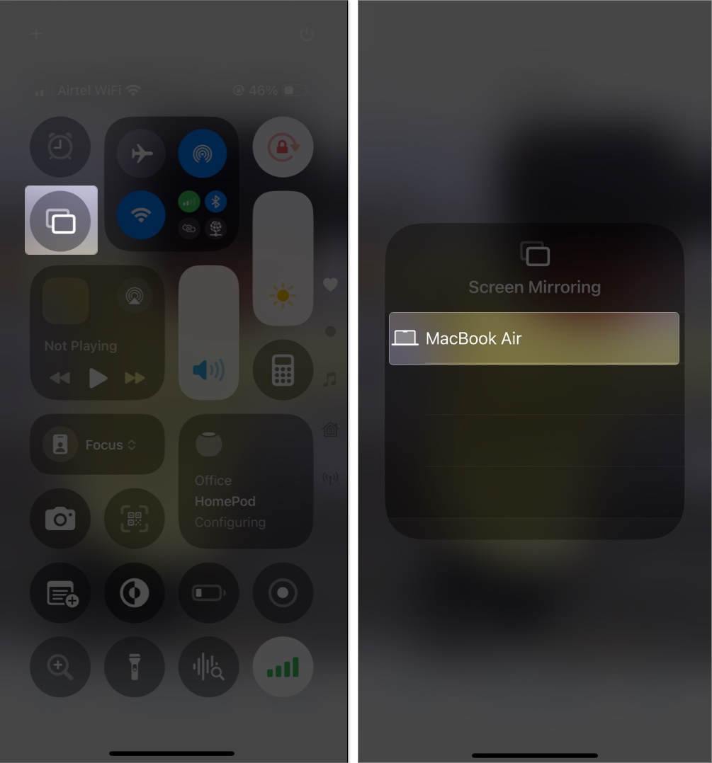 Tryck på skärmspeglingikonen och välja enheten för att spegla skärmen till i kontrollcentret på en iPhone