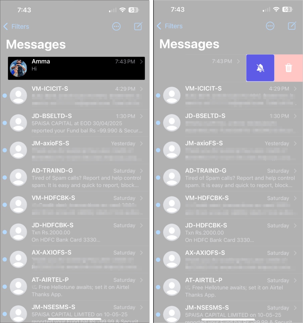Åtkomst till meddelanden app och svep kvar i konversation för att dölja varningar på iPhone