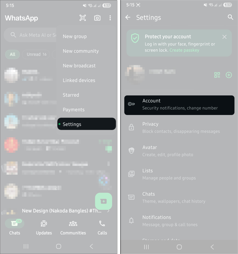 Åtkomst till whatsapp -inställningar på en Android -telefon