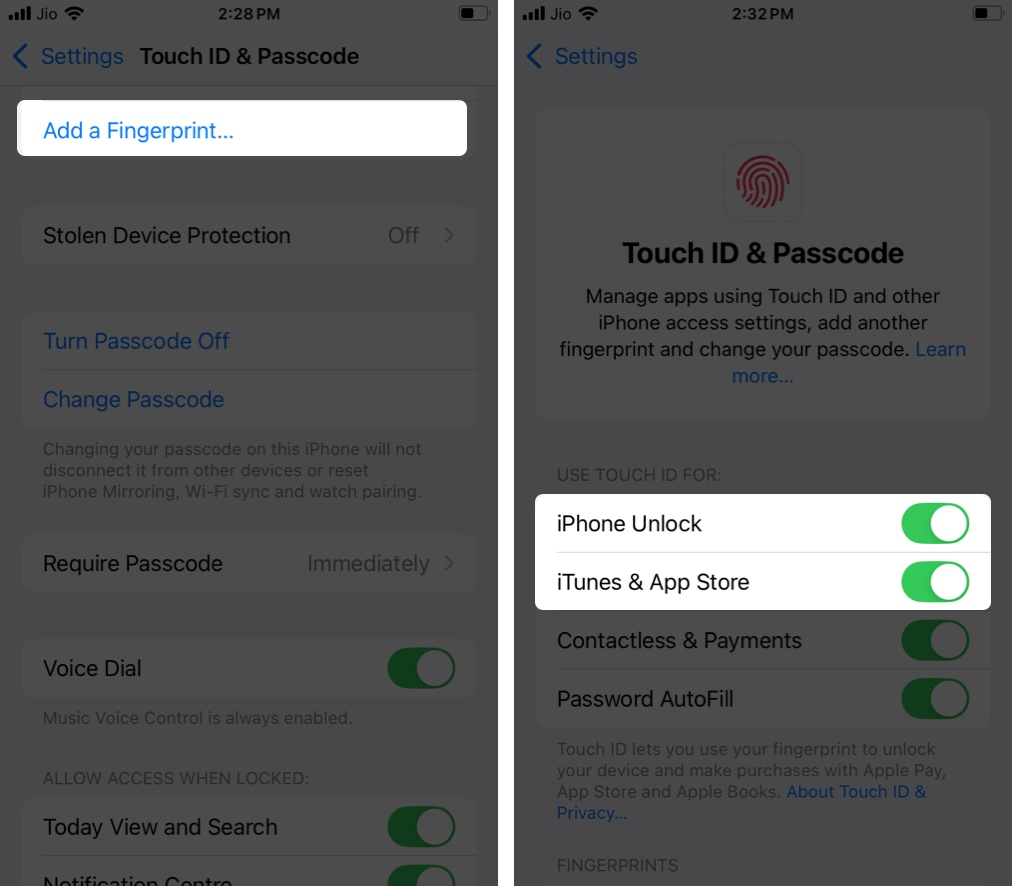 Lägga till ett fingeravtryck för Touch -ID och aktivera iPhone -låsning och iTunes App Store -alternativ