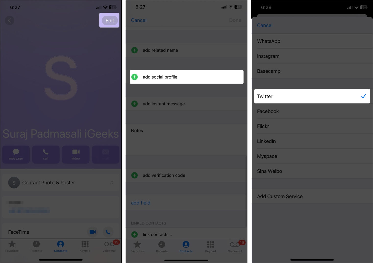 Lägg till social profil i iPhone -kontakt