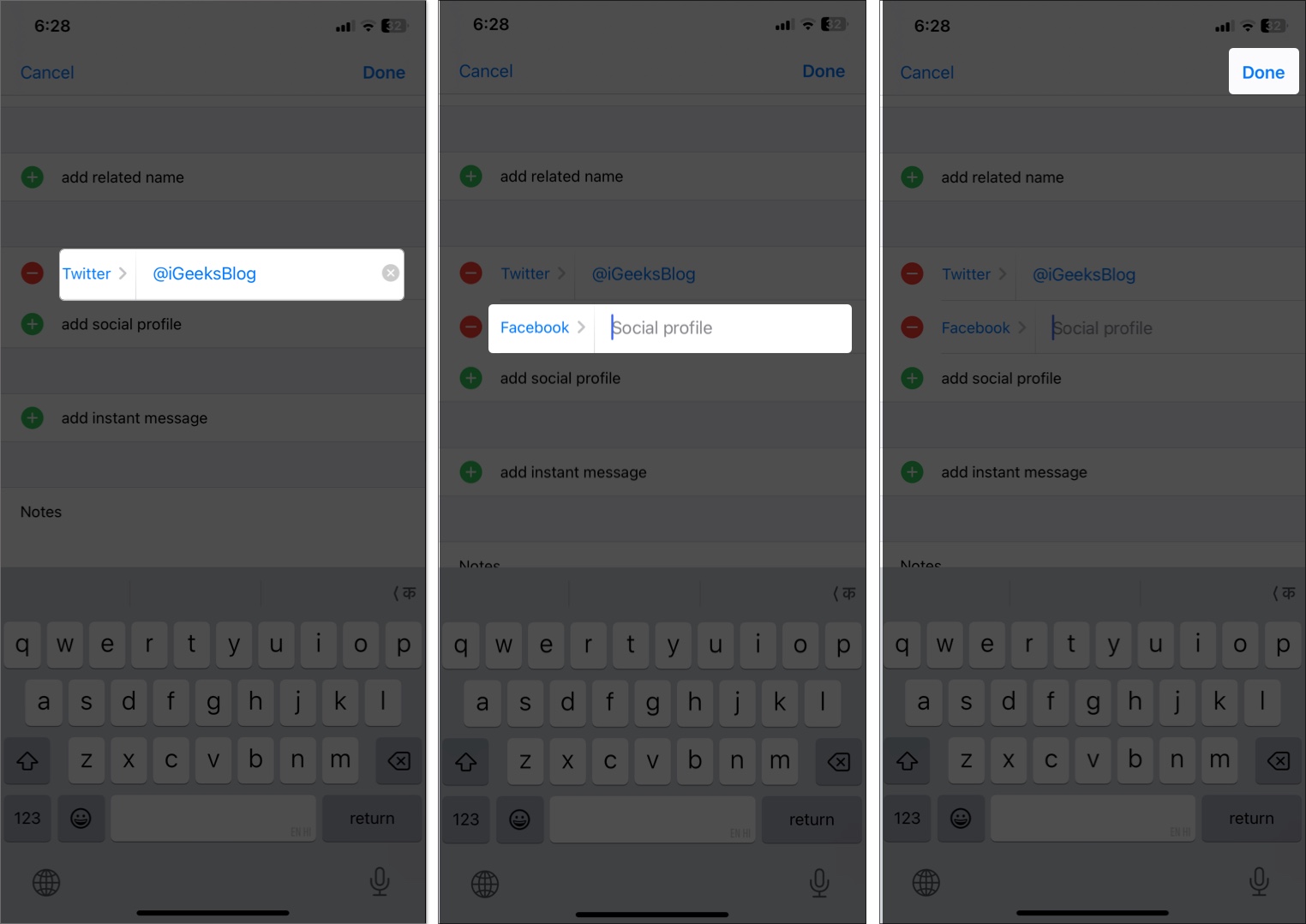Lägg till användarnamn för social profil i iPhone -kontakt