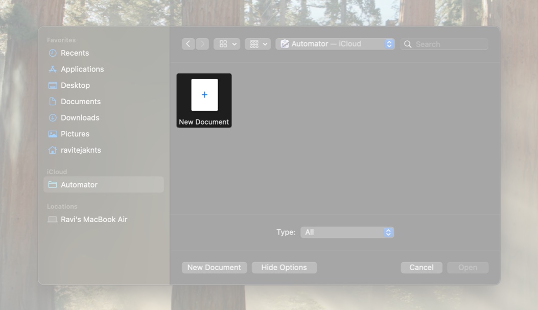 Skapa ett nytt dokument i Automator -appen på en Mac