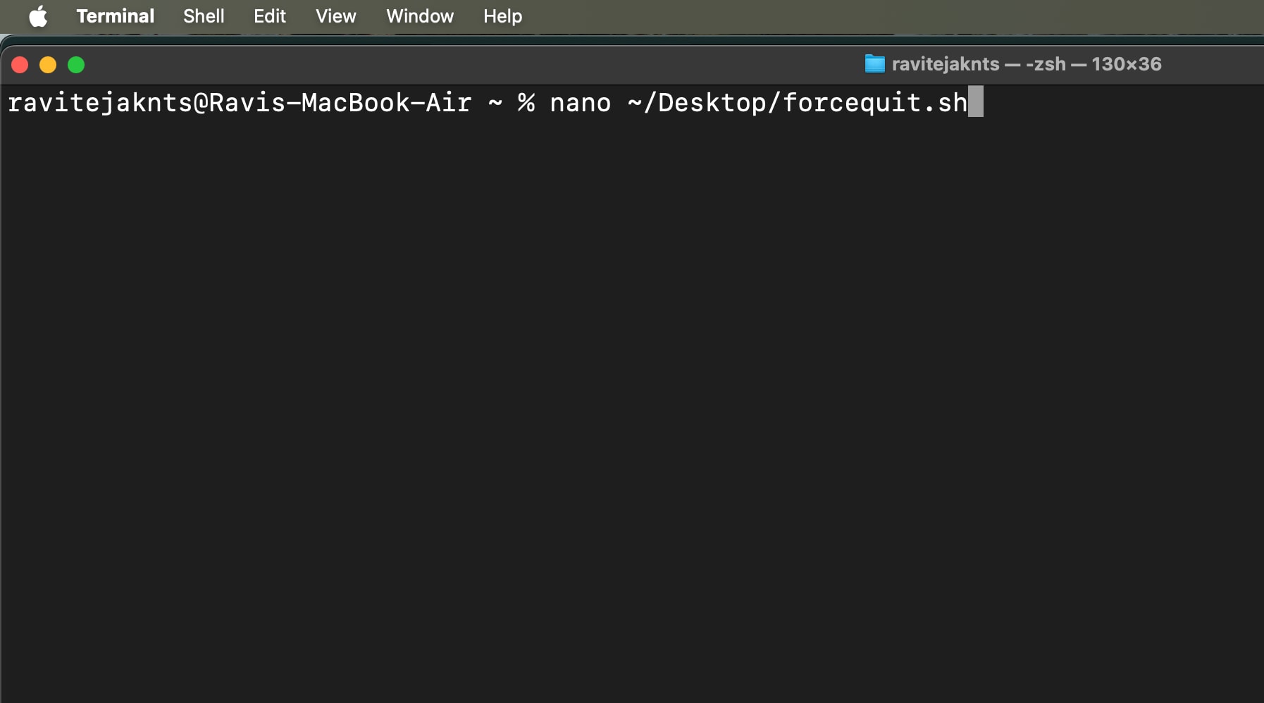 Ange ett kommando i MacOS -terminal -appen för att redigera ForceQuitSh -filen