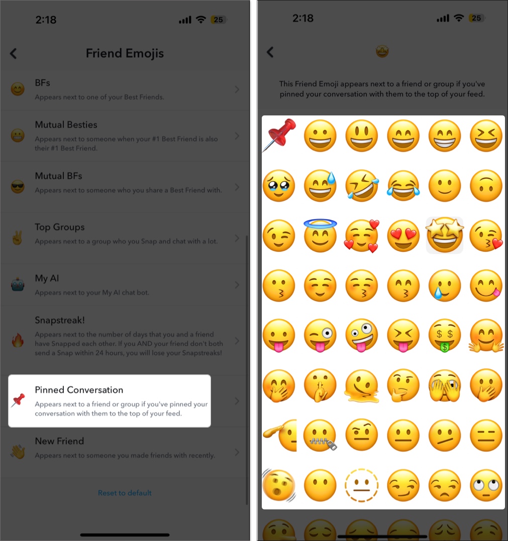 Selecting a new emoji to use instead of the pin emoji on Snapchat