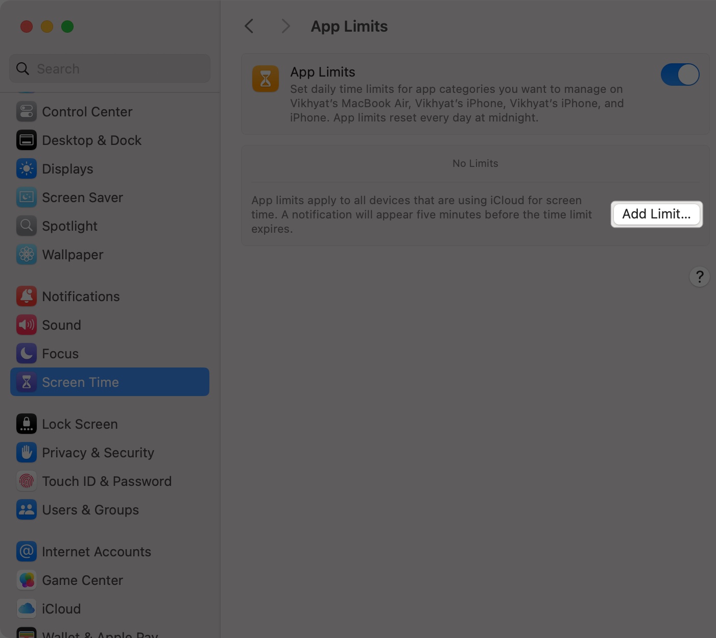 Click add limit button to add app on Mac