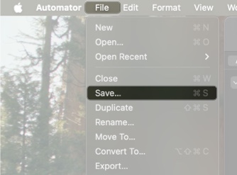 Åtkomst till alternativet Spara i Automator -menyalternativ för att spara applikationen