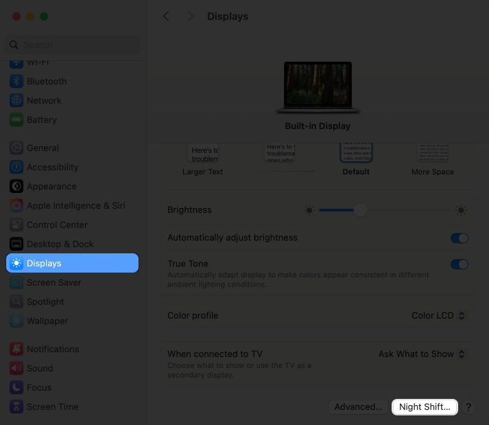 Klicka på fliken Night Shift i Display -inställningar på MAC