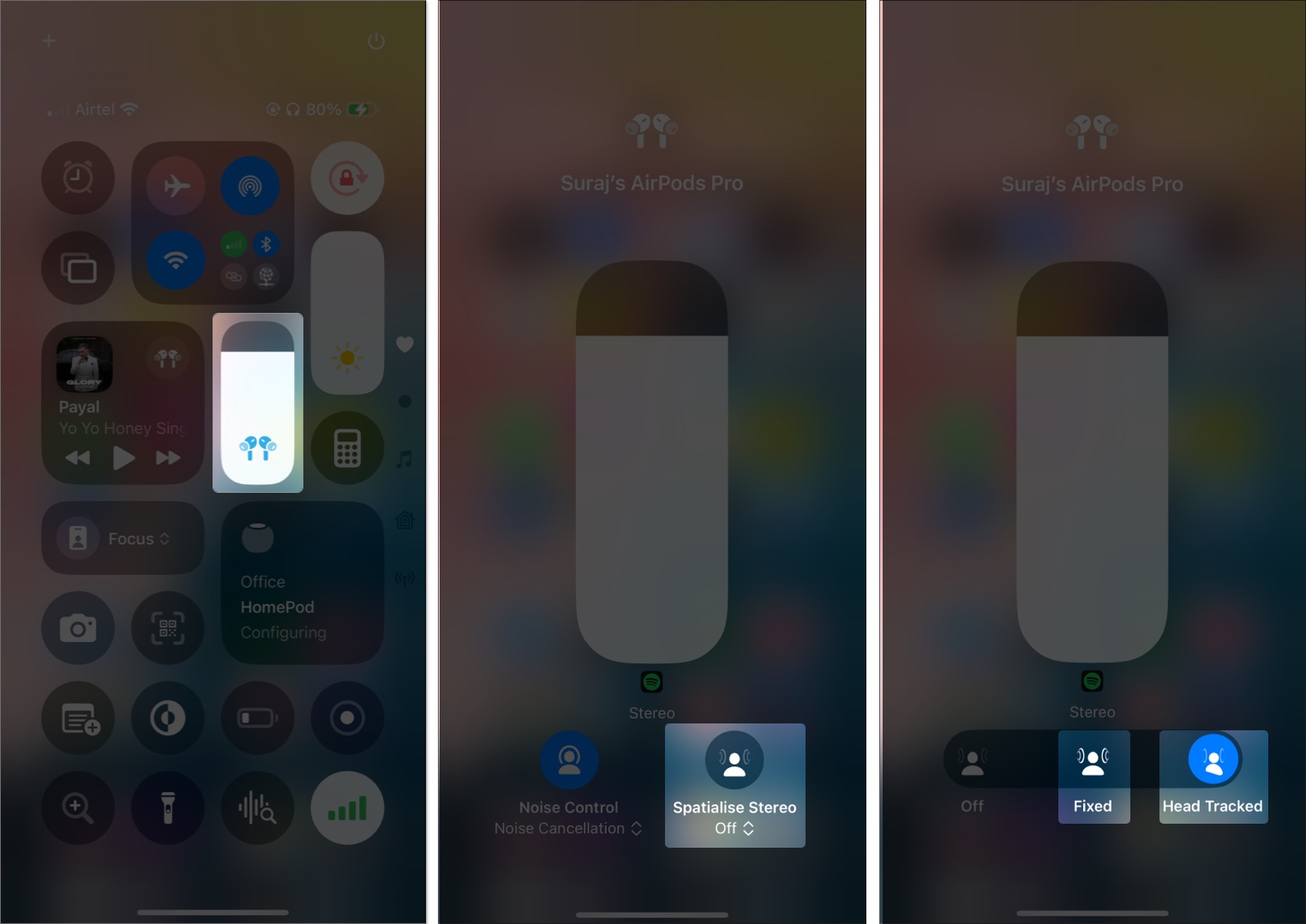 Změna režimu prostorového zvuku na iPhone z ovládacího centra