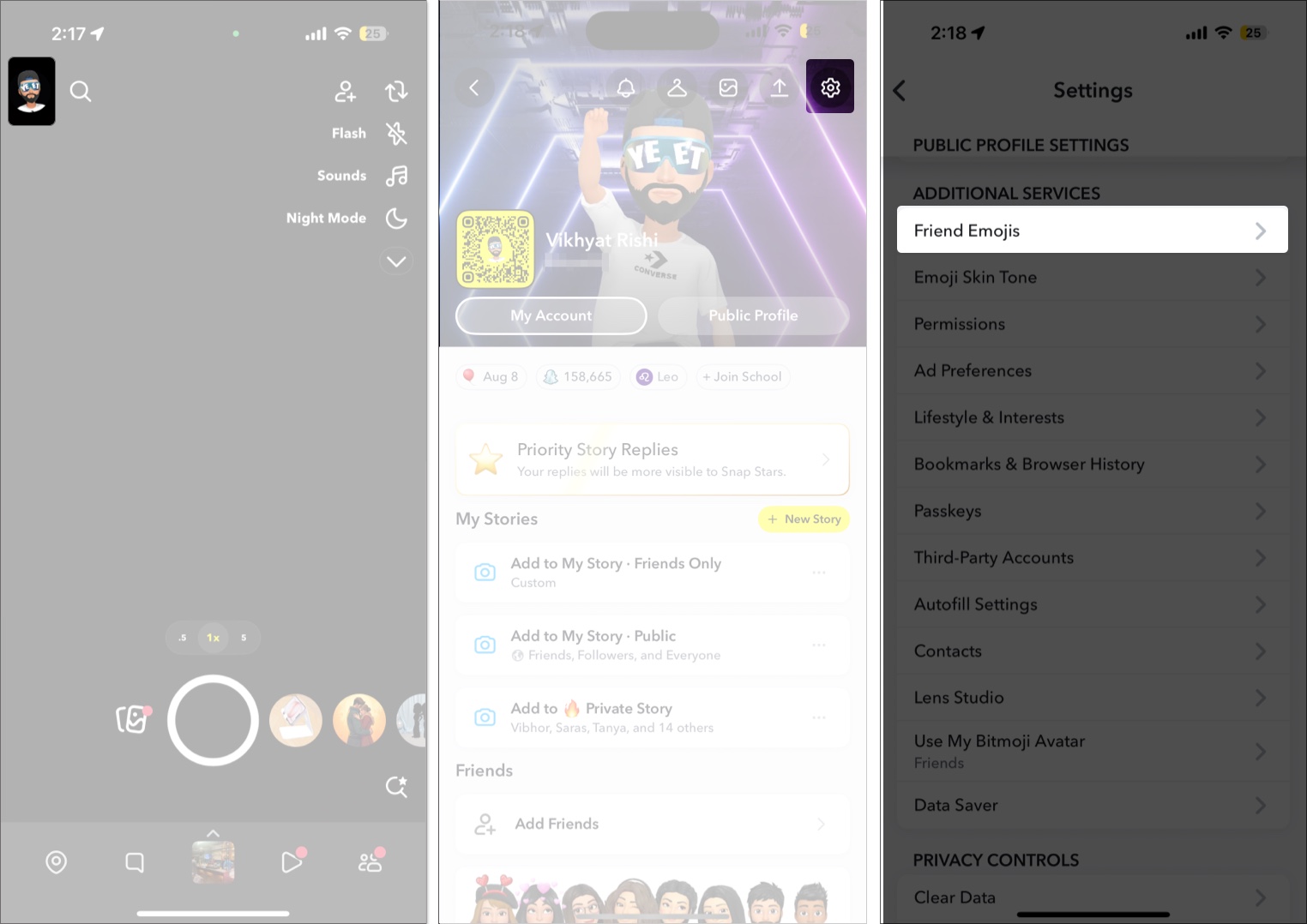 Accessing the Friend Emojis option in Snapchat settings on an iPhone